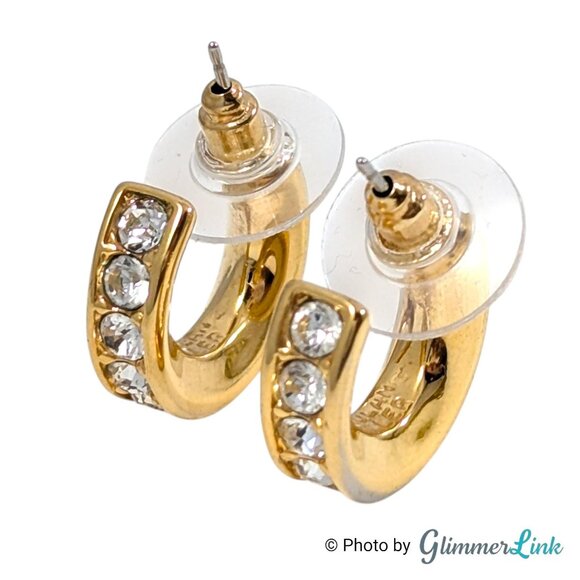 Vintage Nolan Miller Glamour Collection Gold Tone Rhinestone Hoop Earrings 1990s - Picture 6 of 11